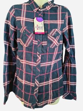 Women's Navy Plaid Button-Down Shirt with Pink Accent